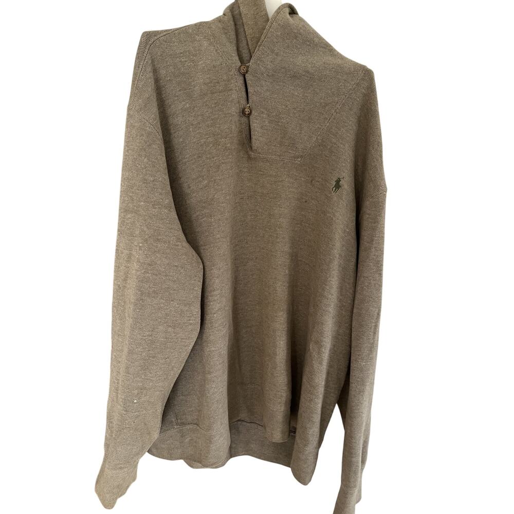 Vtg 90s Polo Ralph Lauren Men XL Pullover Sweater Khaki Cotton Shawl Collar Prep